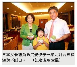 日本女參議員島尻安伊子一家人對台東釋迦讚不絕口。(自由時報)
