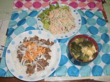 牛肉とねぎのごまにんにく丼と春雨サラダ