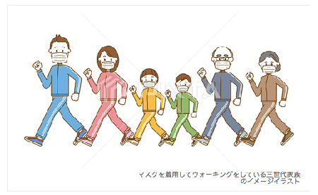 マスクを着用してウォーキングをしている三世代家族のイメージイラスト