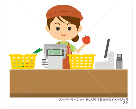 スーパーマーケットでレジをする女性のイメージイラスト