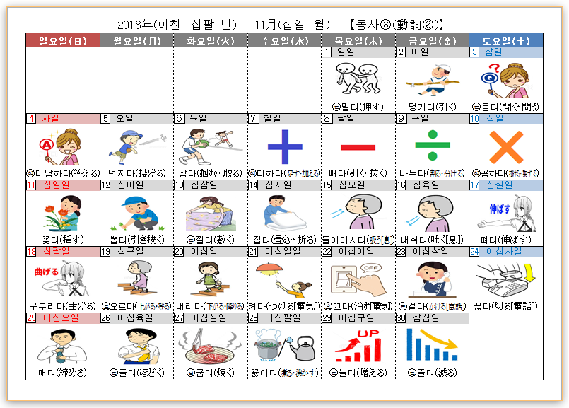 ハングルカレンダー 動詞 マジマ式韓国語