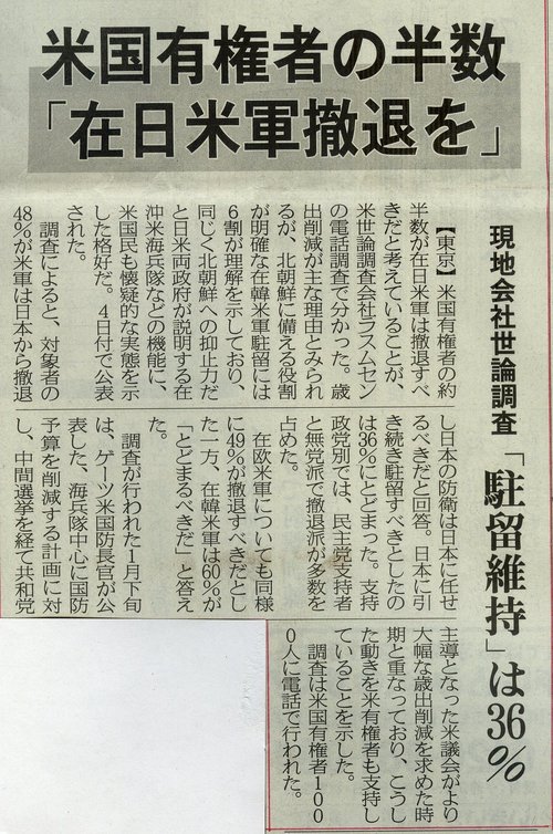 「約６割が在日米軍撤退を」 米国有権者への電話アンケート